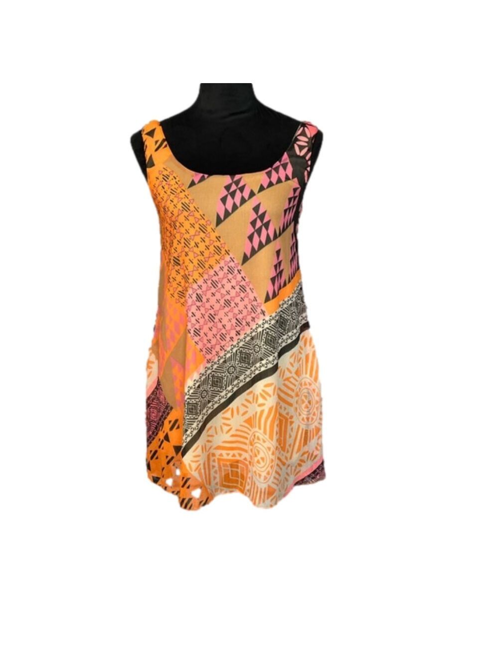 ANGIE Sleeveless Orange Print Dress with decorative tie in back Size small EUC